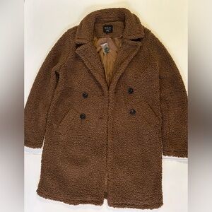 Women's Dark Brown Teddy Sherpa Coat Jacket Size Large Button Pockets Lined